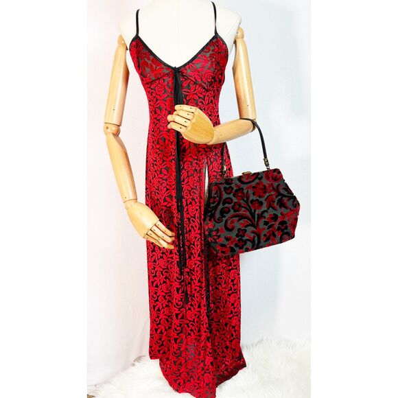 Vintage | Shirley of Hollywood | Red and Black Burnout Slip Dress | Sz M - Picture 1 of 11
